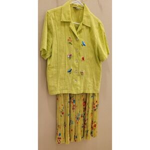 2 Piece stonebridge,  button up flower embroidered shirt and Pleated skirt.linen